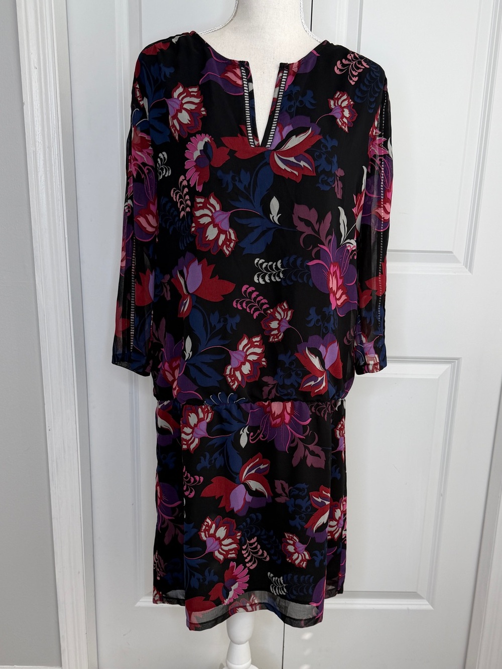 Ikks Black Red Purple Floral Drop Waist Shift Dress Large 3/4 Sleeve Ladder Lace